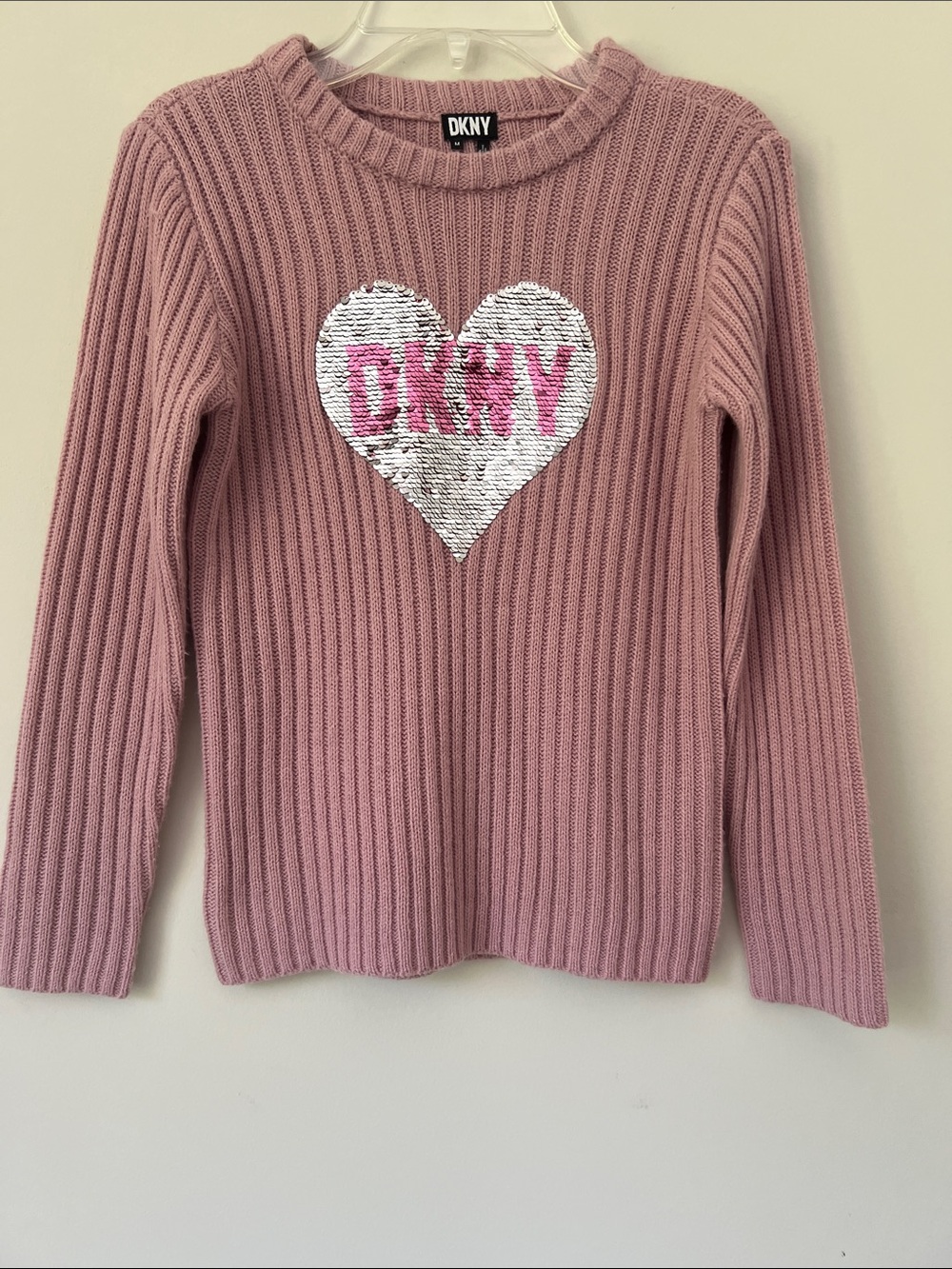 DKNY Dusty Rose Ribbed Crewneck Sweater with Sequin Heart